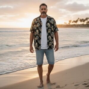 Campia Moda Men's Hawaiian Beer Palms Trees Drinks Black Tropical Shirt Size L